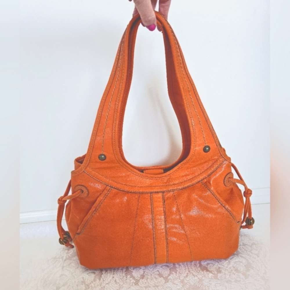 Vibrant Burnt Orange Hobo Bag with Textured Faux Leather and Metal Accen…